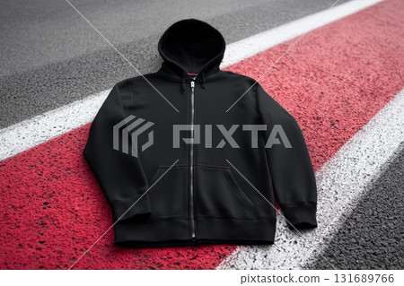 Black zip-up hoodie laid on a red and gray textured surface outdoors near a road 131689766