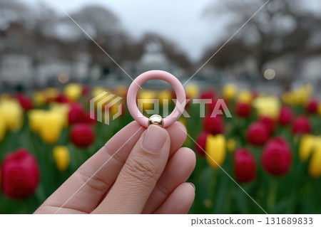 Hand holding a pink ring near vibrant tulips in a colorful garden 131689833