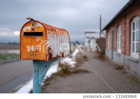 Rusty mailbox stands by an old building on a quiet path during cloudy day Rusty mailbox stands by an old building on a quiet path during cloudy day 131689868