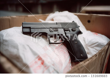 Gun placed on top of a cardboard box filled with white packaging materials Gun placed on top of a cardboard box filled with white packaging materials 131689883