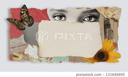 Artwork featuring butterfly, sunflower, and woman's eyes in a creative collage display Artwork featuring butterfly, sunflower, and woman's eyes in a creative collage display 131689895