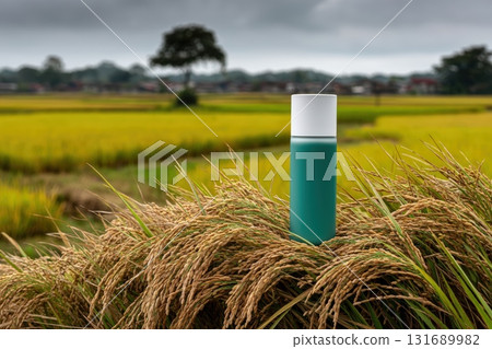 Bottle of vibrant liquid stands among lush rice fields at twilight Bottle of vibrant liquid stands among lush rice fields at twilight 131689982