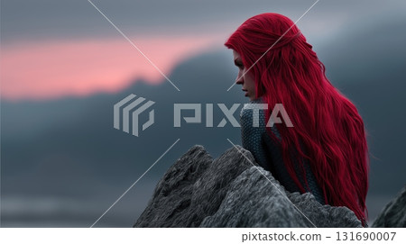 Mermaid character with red hair sitting on rocks by the ocean during sunset 131690007