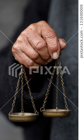 Hand holding vintage balance scales with intricate detailing in a soft light setting Hand holding vintage balance scales with intricate detailing in a soft light setting 131690009