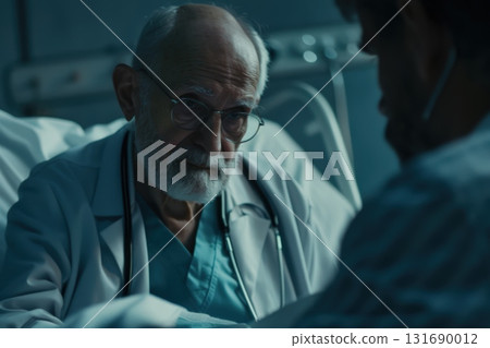 Experienced doctor interacting with a patient in a hospital room during a critical moment 131690012
