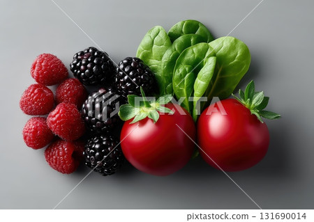 Fresh raspberries, blackberries, tomatoes, and spinach arranged on a gray background 131690014