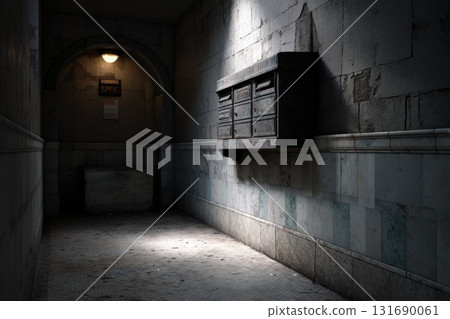 Empty corridor with vintage mailboxes in a dimly lit urban setting Empty corridor with vintage mailboxes in a dimly lit urban setting 131690061