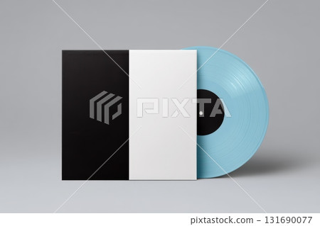 Vinyl record with minimalist black and white cover and blue disc displayed artistically 131690077