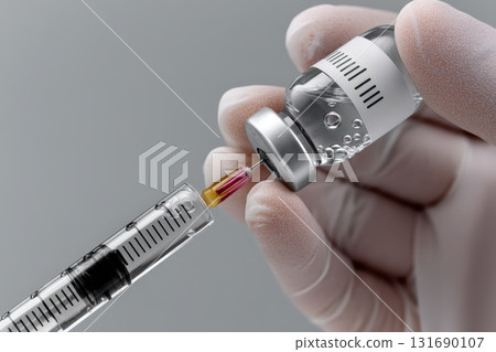 Syringe fills with liquid from a vaccine vial in a clinical setting during daylight hours 131690107