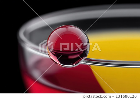 Close-up of a droplet on a glass rim with vibrant colored liquid in a cocktail glass 131690126