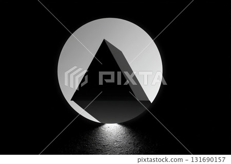 Abstract pyramid structure illuminated in a dark environment with circular backdrop 131690157