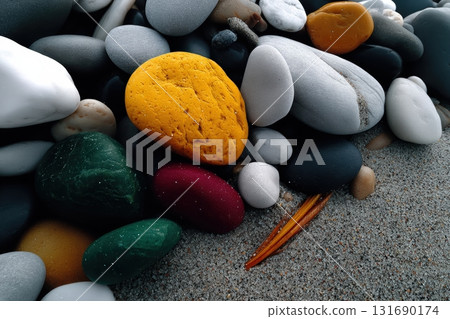 Colorful collection of pebbles on a sandy beach during daytime by the shoreline 131690174