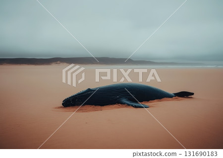 Humpback whale stranded on sandy beach during overcast day in serene coastal setting Humpback whale stranded on sandy beach during overcast day in serene coastal setting 131690183