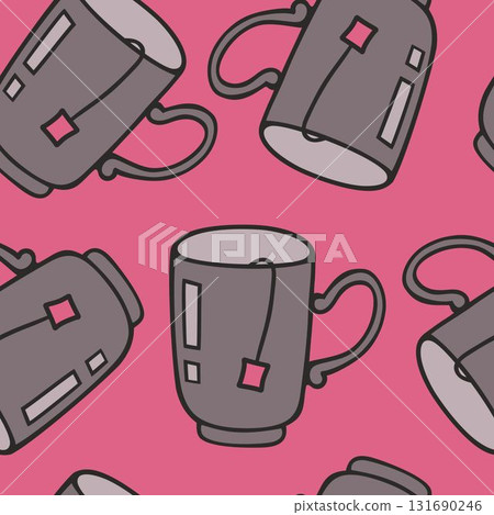 Seamless pattern with hand drawn sketch tea cups. Tea break tiling background. Brown cups with tea bugs. Pink background. Seamless pattern with hand drawn sketch tea cups. Tea break tiling background. Brown cups with tea bugs. Pink background. 131690246