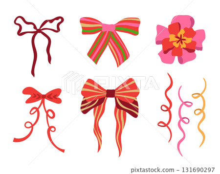 Festive ribbon bows vector illustration set. Colorful pink, red, maroon striped bows, curly gift ribbons and decorations isolated on white background. Holiday ornament for gift wrapping, celebration Festive ribbon bows vector illustration set. Colorful pink, red, maroon striped bows, curly gift ribbons and decorations isolated on white background. Holiday ornament for gift wrapping, celebration 131690297