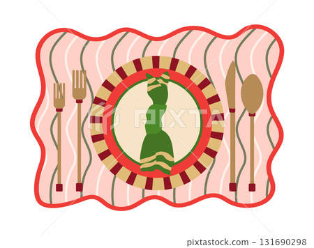 Trendy table setting vector illustration. Festive striped plate with napkin, forks, knife and spoon on pink scallop placemat isolated on white background. Cute modern Christmas dinner or party setup 131690298