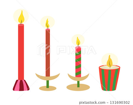 Christmas candle vector illustration set. Striped jar candle, red burning taper candles in candlesticks isolated on white background. Seasonal cozy home decor for New year, xmas celebration, winter Christmas candle vector illustration set. Striped jar candle, red burning taper candles in candlesticks isolated on white background. Seasonal cozy home decor for New year, xmas celebration, winter 131690302