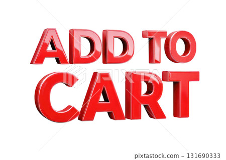 Bold red 3D text saying add to cart, ideal for e-commerce websites and online shopping platforms. Isolated on transparent background. PNG, cutout 131690333