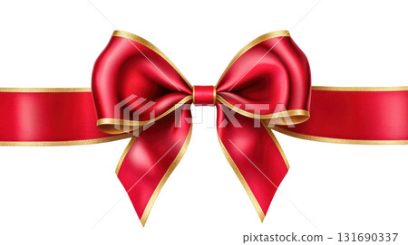 Elegant red ribbon bow with golden edges, perfect for gift wrapping and festive decorations, showcasing vibrant color and texture. Isolated on transparent background. PNG, cutout 131690337