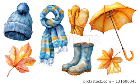 Watercolor illustration of cozy autumn accessories including hat, scarf, mittens, umbrella, boots, and colorful leaves. Isolated on transparent background. PNG, cutout Watercolor illustration of cozy autumn accessories including hat, scarf, mittens, umbrella, boots, and colorful leaves. Isolated on transparent background. PNG, cutout 131690345