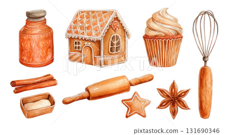 Gingerbread house, cupcake, rolling pin, and baking tools in warm tones for festive culinary inspiration. Isolated on transparent background. PNG, cutout 131690346