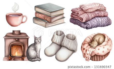 Cozy winter illustration featuring warm drinks, books, soft blankets, and a cat by the fireplace for a comforting atmosphere. Isolated on transparent background. PNG, cutout Cozy winter illustration featuring warm drinks, books, soft blankets, and a cat by the fireplace for a comforting atmosphere. Isolated on transparent background. PNG, cutout 131690347