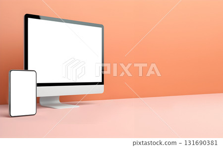Tablet desktop computer smartphone handphone with transparent screen cutout on bright background, PNG file. Mockup template for artwork design. Copy text space 131690381