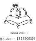 Two wedding rings on a pillow icon in a minimalist line style with editable stroke. Marriage ceremony, engagement jewelry, bride and groom symbol, love and romance, proposal commitment. 131690384