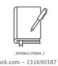A diary book and pen icon in a minimalist line style with editable stroke. Writing journal, school education, office notebook, business planner, author literature, personal memo. 131690387