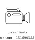 A video camera icon in a minimalist line style with editable stroke. Movie production equipment, film recording device, cinema camera, digital media technology, professional broadcast. 131690388