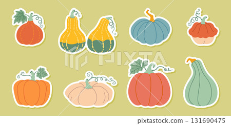 Pumpkin sticker set. Pumpkin and squash different colors and sizes. Hand drawn flat style Pumpkin sticker set. Pumpkin and squash different colors and sizes. Hand drawn flat style 131690475