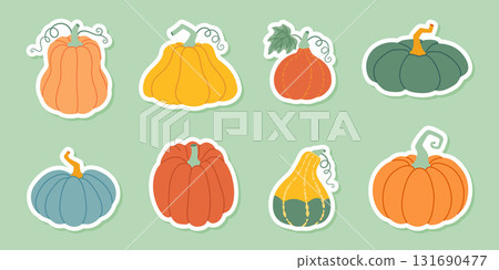 Pumpkin sticker set. Pumpkin and squash different colors and sizes. Hand drawn flat style 131690477