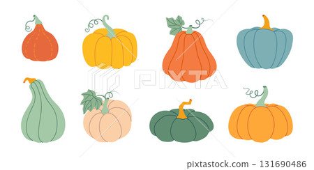 Pumpkin set. Pumpkin and squash different colors and sizes. Hand drawn flat style 131690486