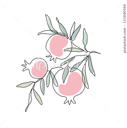Branch with pomegranates and leaves. Shana Tova. Modern single line art drawing. Continuous line drawing. Vector illustration 131690564