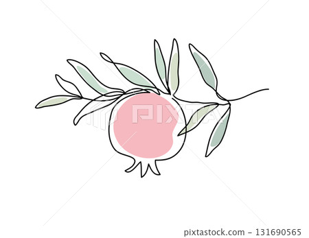 Branch with pomegranate. Shana Tova. Modern single line art drawing. Continuous line drawing. Outline draw design vector color illustration. Branch with pomegranate. Shana Tova. Modern single line art drawing. Continuous line drawing. Outline draw design vector color illustration. 131690565