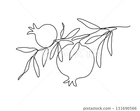 Branch with pomegranates and leaves. Shana Tova. Modern single line art drawing. Continuous line drawing. Vector illustration. 131690566