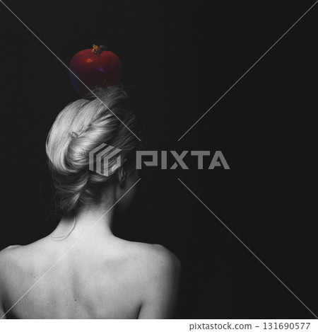 Woman with an apple on her head collage illustration 131690577