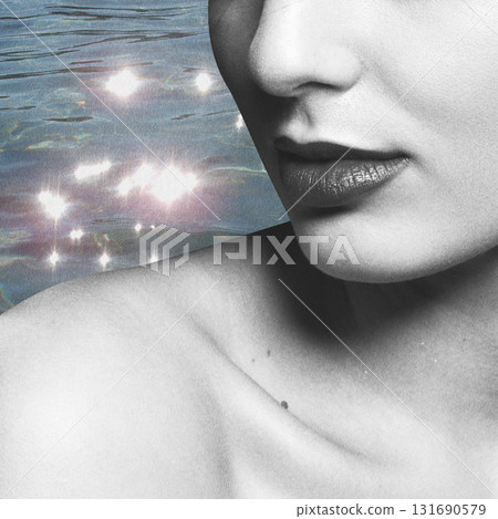 Beautiful woman silhouette and blue sea collage illustration 131690579