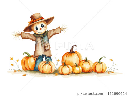 Watercolor vector illustration of a scarecrow. 131690624