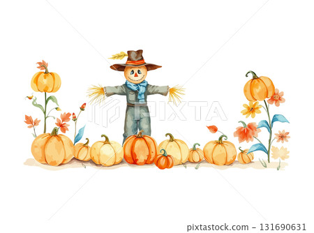 Watercolor vector illustration of a scarecrow. Watercolor vector illustration of a scarecrow. 131690631