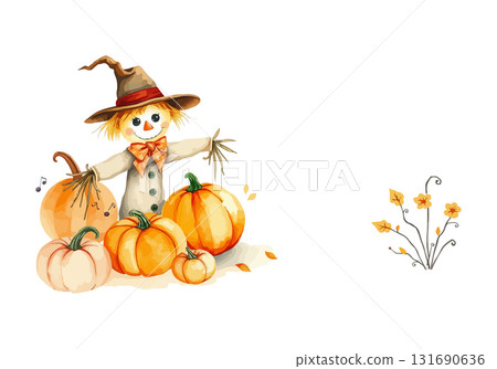 Watercolor vector illustration of a scarecrow. 131690636