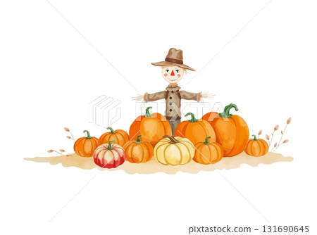 Watercolor vector illustration of a scarecrow. 131690645