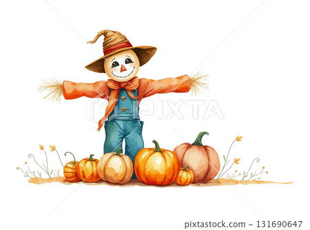 Watercolor vector illustration of a scarecrow. 131690647