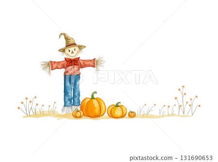 Watercolor vector illustration of a scarecrow. 131690653