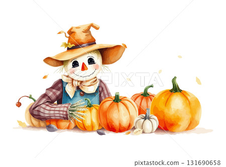 Watercolor vector illustration of a scarecrow. 131690658