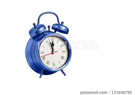 retro clock, pointer clock, blue color alarm clock on isolated white background retro clock, pointer clock, blue color alarm clock on isolated white background 131690790