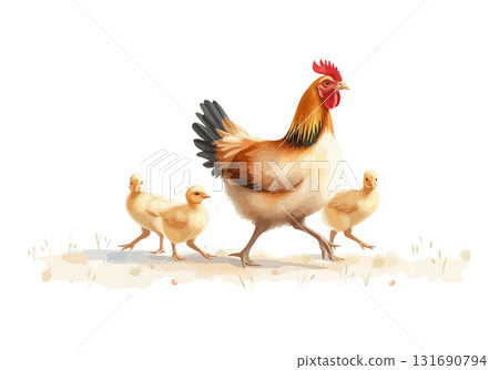 Watercolor vector illustration a hen with chickens. 131690794