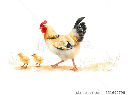 Watercolor vector illustration a hen with chickens. 131690796