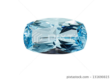 Aquamarine blue faceted oval cut stone mineral macro photography on white isolated background 131690815
