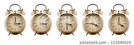 Alarm clock set, vintage clock with time period 03:00, 03:15, 03:30, 03:45, 04:00 a.m., p.m. isolated on white background 131690829